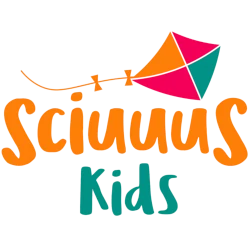 site logo- text sciuuuskids with kite - red orange green